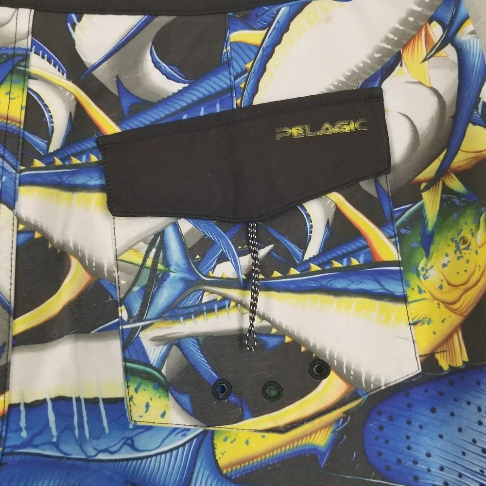 Pelagic Board Shorts Mens 32 Blue‎ Hydro-Lite Fish Print Marlin Tuna Mahi Mahi